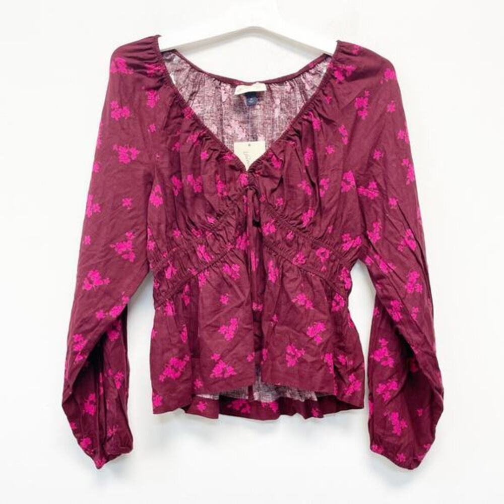 Universal Thread Womens M‎ Burgundy Floral V Neck Long Sleeve Blouse